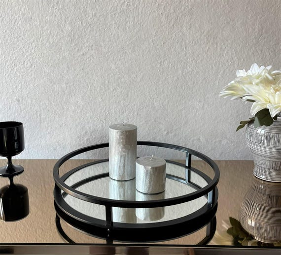 Round Decorative Mirrored Tray, Black Metal Frame, Modern Table Centerpiece, Candle Display Tray, Elegant Home Décor,Housewarming Gift Ø36cm