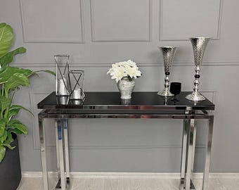 Modern Black Marble Console Table, Sleek Entryway Furniture, Narrow Hallway Table, Silver Accent Table,  40*110 h:85