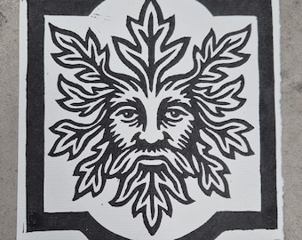 The Green Man - Handmade lino print on watercolour paper A5