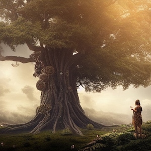 May include: A majestic, ancient tree with a huge trunk and spreading branches fills the scene. The tree's bark is a dark brown, and its leaves are a vibrant green. A person stands near the tree, looking at it. The scene is lit by warm sunlight.