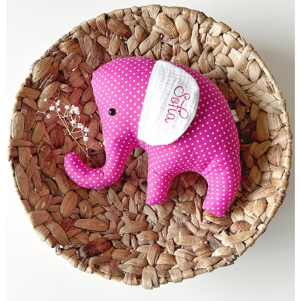 Personalisiertes Stofftier, Baumwolle- Elefant in Tamil, Deutsch und Griechisch als Geschenk zur Geburt und für Kinder