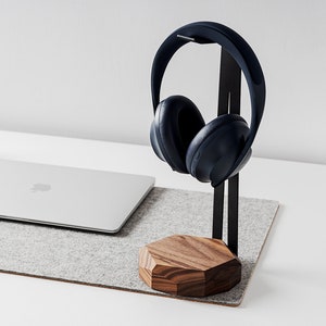 Designer headphone stand with wooden base and steel hanger