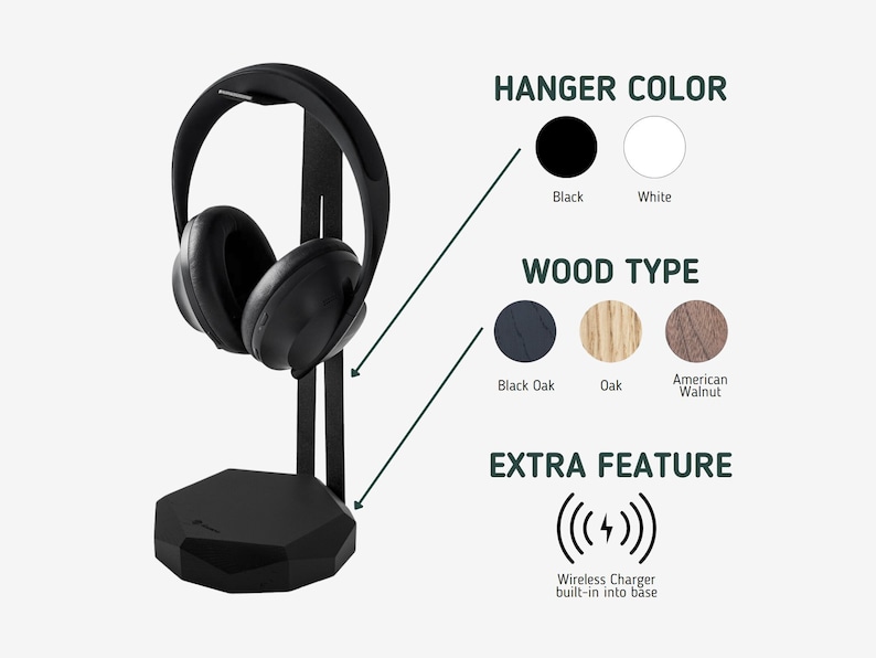 Puede incluir: Soporte para auriculares negro con cargador inal&aacute;mbrico integrado en la base. El soporte est&aacute; hecho de madera y tiene un acabado de roble negro. La percha es negra.