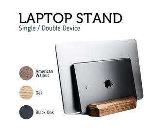 Support pour ordinateur portable double vertical en bois AJUSTABLE, support pour ordinateur portable double en noyer ou en chêne, support pour iPad Pro, support pour Macbook Pro, station d'accueil pour ordinateur portable