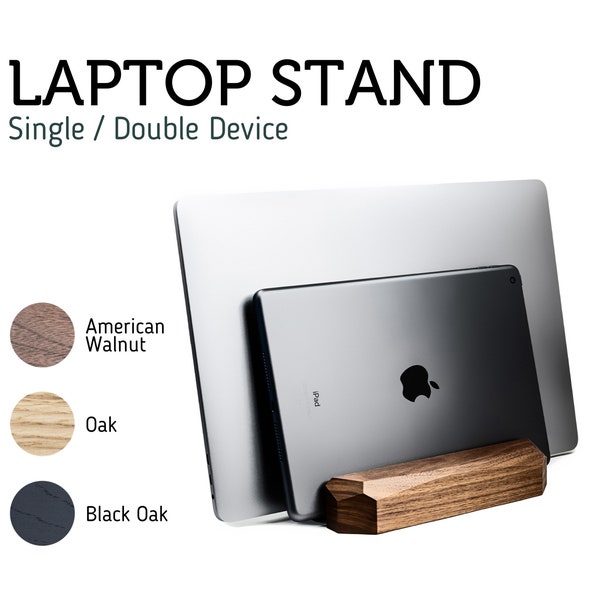 ADJUSTABLE Wooden Dual Laptop Stand Vertical, Double Laptop Holder Walnut or Oak, iPad Pro Stand, Macbook Pro Stand, Laptop Dock
