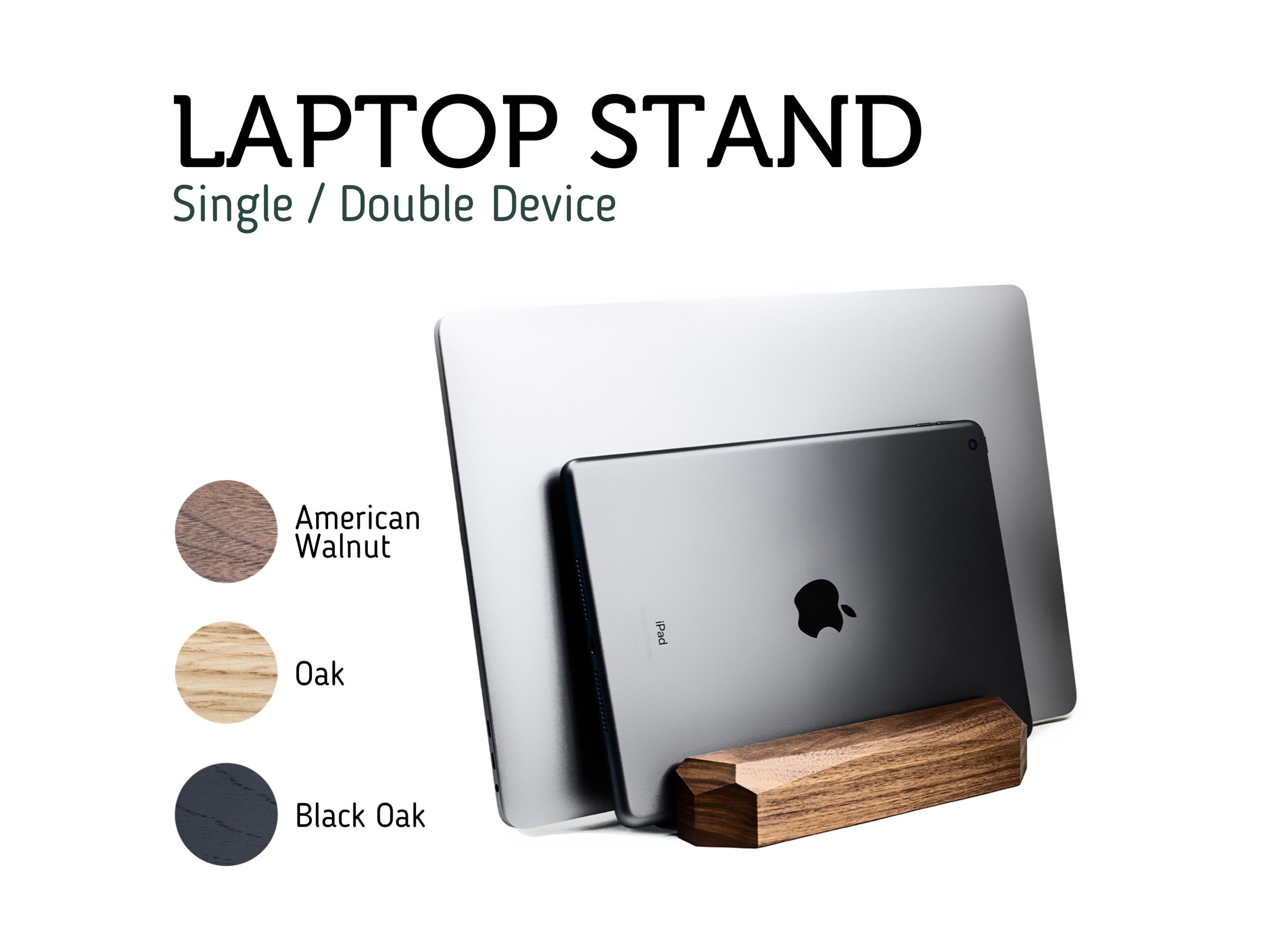 ADJUSTABLE Wooden Dual Laptop Stand Vertical, Double Laptop Holder Walnut  or Oak, iPad Pro Stand, MacBook Pro Stand, Laptop Dock 