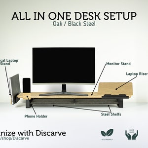 All In One Desk Setup Desk Shelf 105cm for Monitor Stand, Wood and Metal Desk Shelf Monitor Riser Home Office Christmas Gift for Him image 2