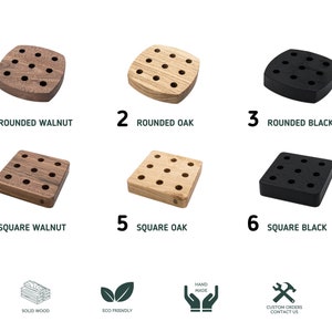 May include: Six wooden and black pencil holders in two shapes: rounded and square. The holders are made of walnut, oak, and black. The holders have multiple holes for pencils. The image also includes icons for solid wood, eco-friendly, hand-made, and custom orders.