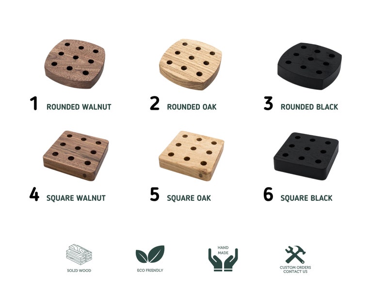 May include: Six wooden and black pencil holders in two shapes: rounded and square. The holders are made of walnut, oak, and black. The holders have multiple holes for pencils. The image also includes icons for solid wood, eco-friendly, hand-made, and custom orders.