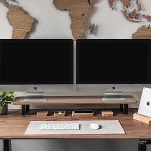 Custom Dual Monitor Stand: Walnut or Oak, Ergonomic Desk Organizer