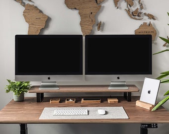 Custom Dual Monitor Stand: Walnut or Oak, Ergonomic Desk Organizer