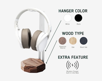 Soporte para auriculares de madera y acero con cargador inalámbrico QI, soporte para auriculares, soporte de escritorio para auriculares, regalo de Navidad para gamers.