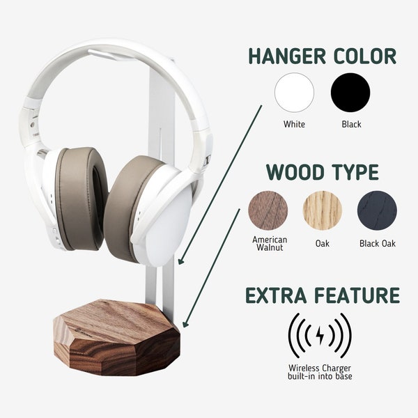 Headphones Stand Wood and Steel with Wireless Charger, Headphone Holder, Desk Headphone Hanger, Gift for Boy Gamer, Headset Stand Qi Charger