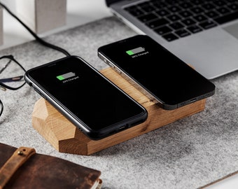 Cargador de teléfono inalámbrico de madera QI 15W para Apple Iphone, Samsung, Huawei, Xiaomi. Almohadilla de madera doble de roble DISCARVE