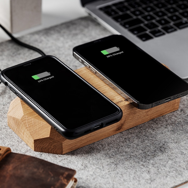 Cargador inalámbrico de madera QI de 15 W para iPhone, Samsung, Huawei y Xiaomi. Almohadilla de madera de roble doble DISCARVE
