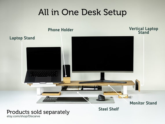 OYRREU Supporto doppio per monitor 91 x 26 cm per scrivania, laptop, PC, organizer per lavoro e gioco in legno