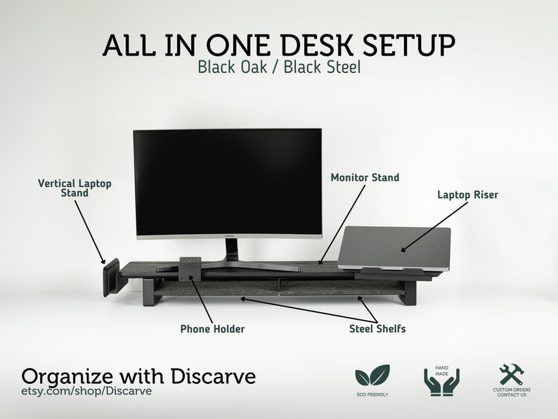 May include: A black oak and black steel desk organizer with a monitor stand, laptop riser, vertical laptop stand, phone holder, and steel shelves. The organizer is labeled "All in One Desk Setup".