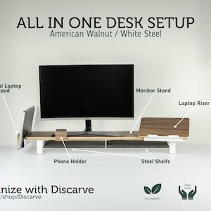 All In One Desk Setup Desk Shelf 105cm for Monitor Stand, Wood and Metal Desk Shelf Monitor Riser Home Office Christmas Gift for Him image 3