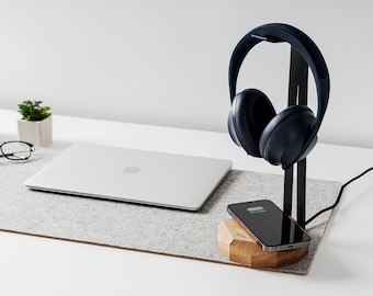 QI 15W Wood Headphone Stand With Qi wireless CHARGER oak for Apple Iphone, Samsung, Huawei, Xiaomi. DISCARVE headphones stand