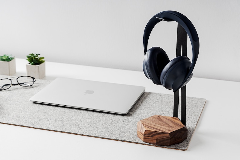 Designer headphone stand with wooden base and steel hanger