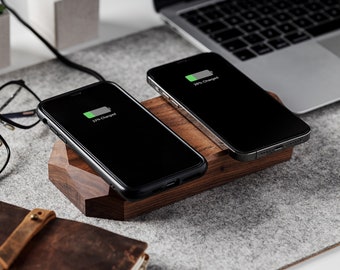 Double chargeur en bois artisanal exquis QI 15W - iPhone, AirPods, Samsung, Xiaomi - Cadeau parfait - Station de charge rapide sans fil 2x15W