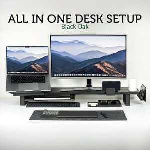 All In One Desk Setup Black Painted Oak + Black Metal Monitor Stand 105cm Laptop Riser Phone Stand Metal Desk Shelf Desk Office Accessories