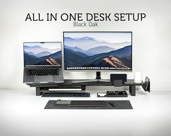Black Painted Oak Desk Organizer: Monitor Stand, Laptop Riser, Phone Stand