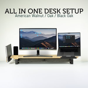 Soporte de escritorio todo en uno para monitor, soporte para computadora portátil de 105 cm, soporte para teléfono, estante de escritorio de metal, soporte para monitor, oficina en casa