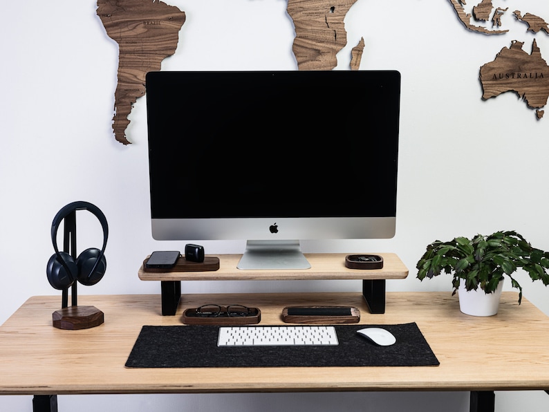Desk with Premium Handmade Monitor Stand, Headphone Stand and Desk Mat