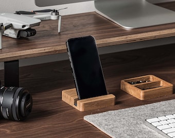 Soporte de teléfono de madera, soporte de iPhone para escritorio, organizador de escritorio de roble o nogal americano, regalo de oficina para él y ella, soporte de teléfono móvil