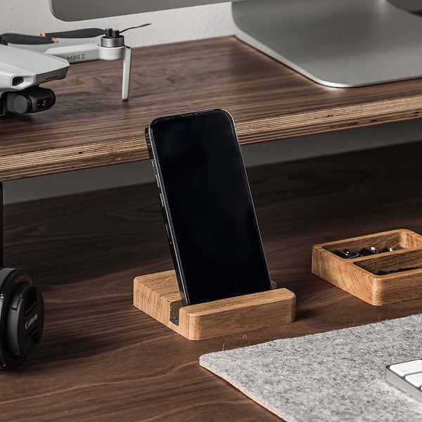 Telefonständer aus Holz, iPhone Halter für Schreibtisch, Eiche oder amerikanischer Nussbaum Schreibtisch Organizer, Büro Geschenk für Sie und Ihn, Handyständer Halter