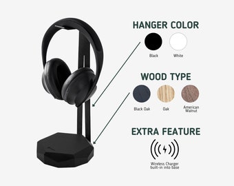 Headphone Holder with Qi Wireless Charger, Steel and Wood Headphone Stand as a gift for gamer or music lover Headphones accessories