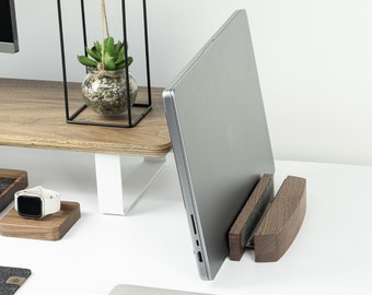 Wooden Adjustable Macbook Stand, Laptop Vertical Holder Black, Walnut or Oak, Office Desk Accessories  Desk Organizer Gift for Boyfriend Men
