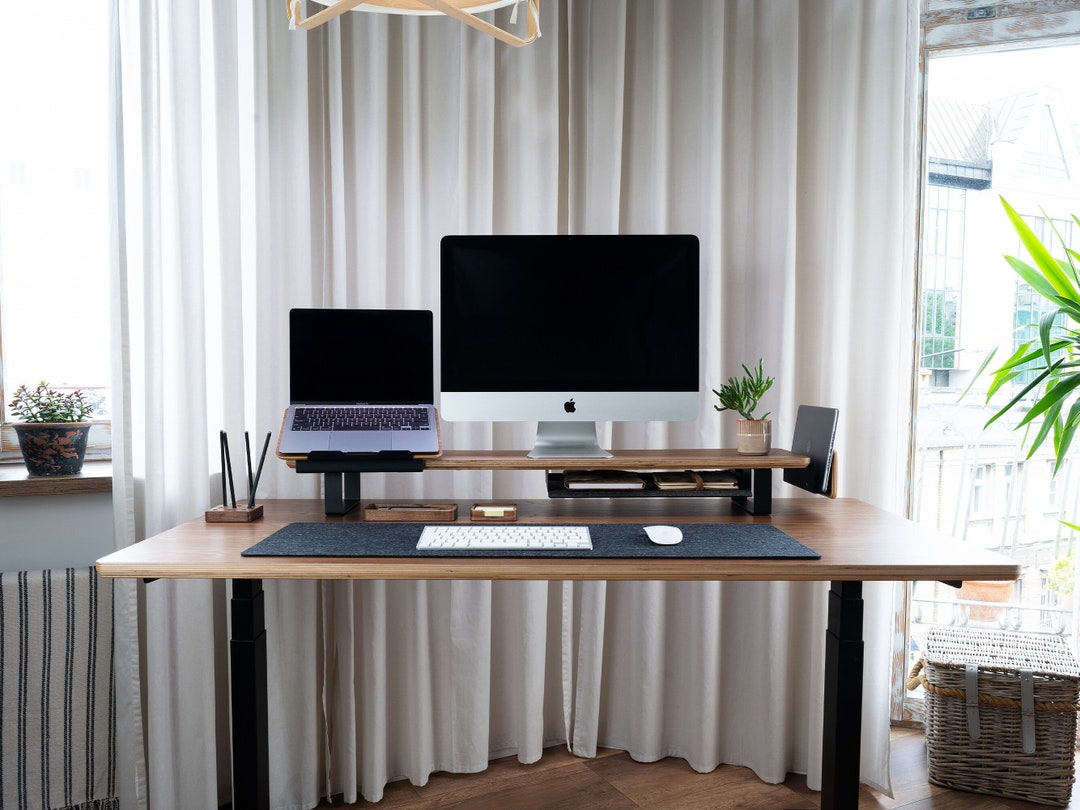 All in One Desk Setup Desk Shelf 105cm for Monitor Stand, Wood and ...