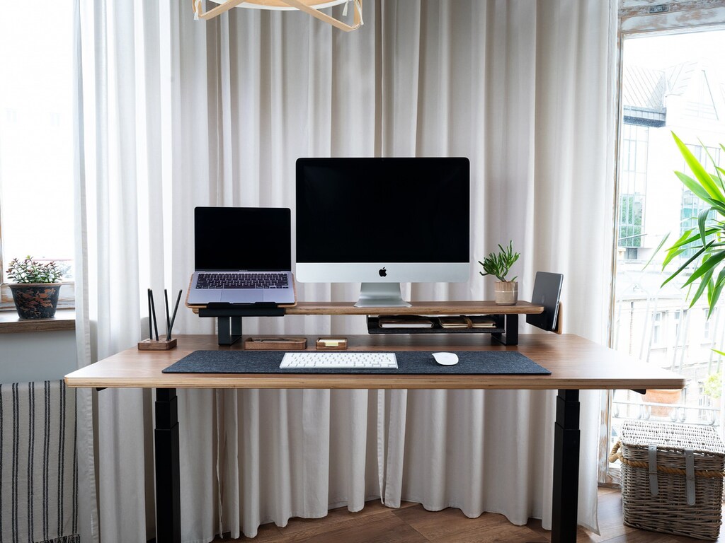 Amesoba Supporto Per Monitor In Noce Massello – Rialzo Scrivania A Due Livelli Per Doppio Monitor E Laptop