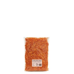 May include: A clear plastic bag filled with orange crinkle paper shreds. The bag has a label that reads "Crinkle Paper Shreds Eco-friendly & multi-purpose 100g Pumpkin Orange".