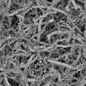 May include: A close-up of grey crinkle paper, a popular packing material for gifts and fragile items.