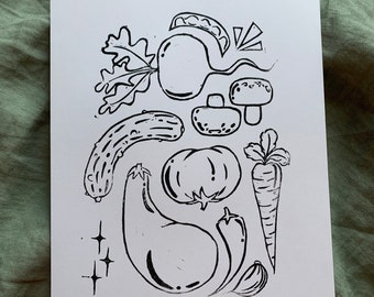 Vegetable Linocut Print, Handmade Blockprint Artwork