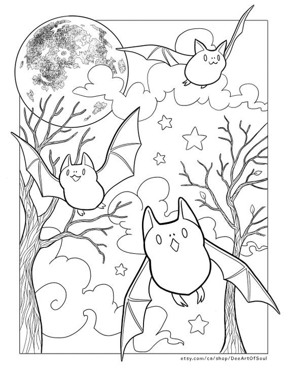 Full Moon Bats Digital Coloring Pages for Print or Procreate | Etsy