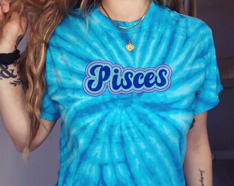 Pisces Blue Tie-Dye T-Shirt | Astrology Horoscope Shirt | Boho Hippie Clothing | Pisces Birthday Gift