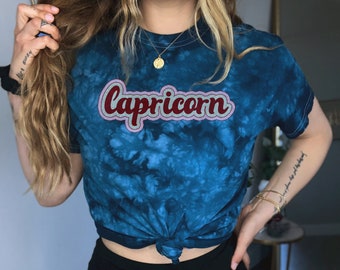 Capricorn Blue Tie-Dye T-Shirt | Astrology Horoscope Shirt | Boho Hippie Clothing | Capricorn Birthday Gift