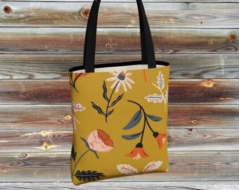 Gold Botanical Tote Bag Aesthetic Plant Tote Bag Reusable Cute Floral Trendy Tote Bag Farmer's Market Bag Garden Sturdy Nature Tote