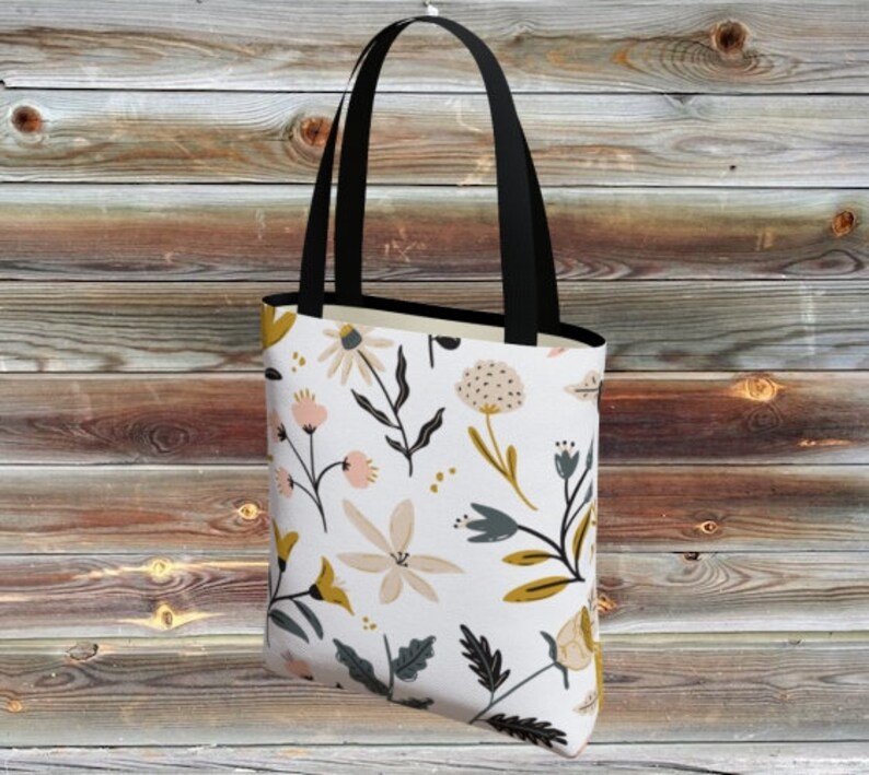 White Botanical Tote Bag Aesthetic Plant Tote Bag Reusable Cute Floral Trendy Tote Bag Farmer's Market Bag Garden Sturdy Nature Tote image 1