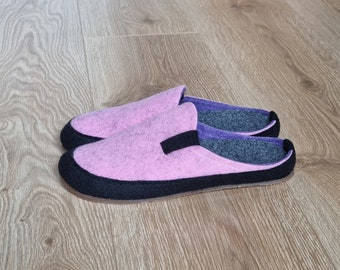 Pantoufles faites à la main pour dames, pantoufles pour femmes Felt Slip-on, pantoufles roses naturelles chaudes et confortables, mules en feutre Boho, pantoufles artisanales respirantes