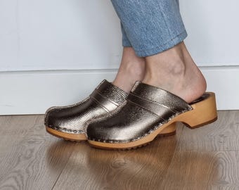 Women's stylish clogs, Gold clogs, Handmade wooden clogs, Swedish clogs, Traditional clogs, Wooden sole shoes, Ladies summer wooden clogs