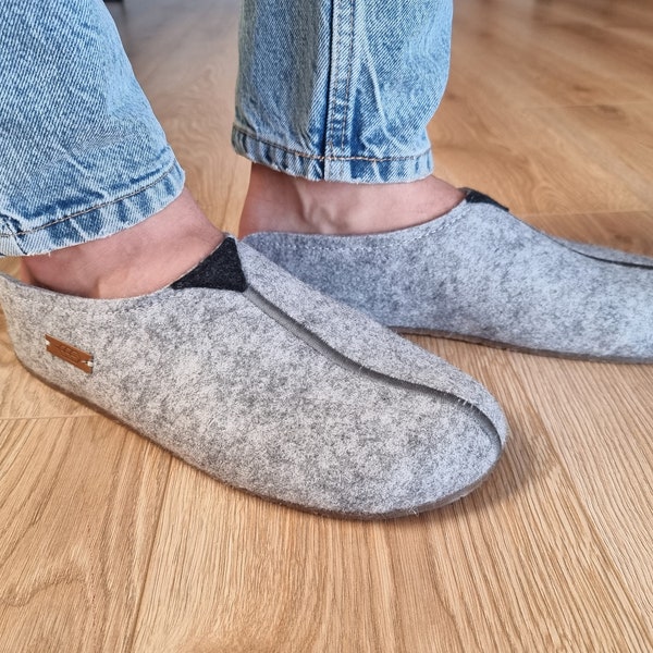 Arch support Men's Slippers, Felt Slip-on men's slippers, Comfy natural gray slippers, Felt Mules, Breathable Handcrafted Slippers Mules