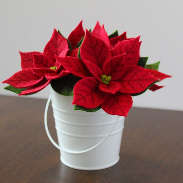 Mini Poinsettia Felt Flower Stem, Christmas Wedding Favor, Holiday Table Decor, Wool Anniversary, Felted Red Poinsettia, Bud Vase Flower