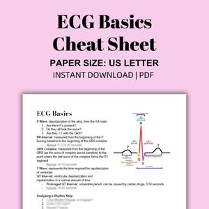 May include: A printable ECG cheat sheet with a diagram of a heart beat and a list of ECG basics. The cheat sheet includes information about the P wave, PR interval, QRS complex, T wave, and QT interval. The text on the cheat sheet is in black and the diagram is in red, purple, and blue.