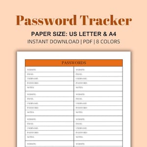 Blad voor wachtwoordtracking | Afdrukbaar | PDF | Letter en A4