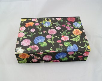 Personalized storage box with hinged lid in many sizes black flowers